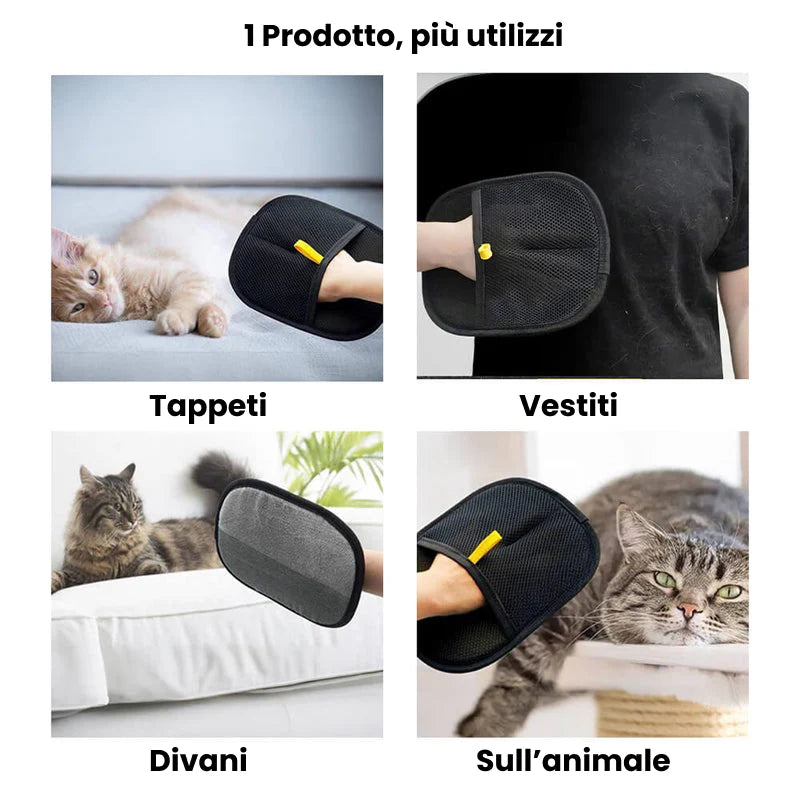 Handschuh zum Entfernen von Tierhaaren mit doppelten elektrostatischen Borsten.